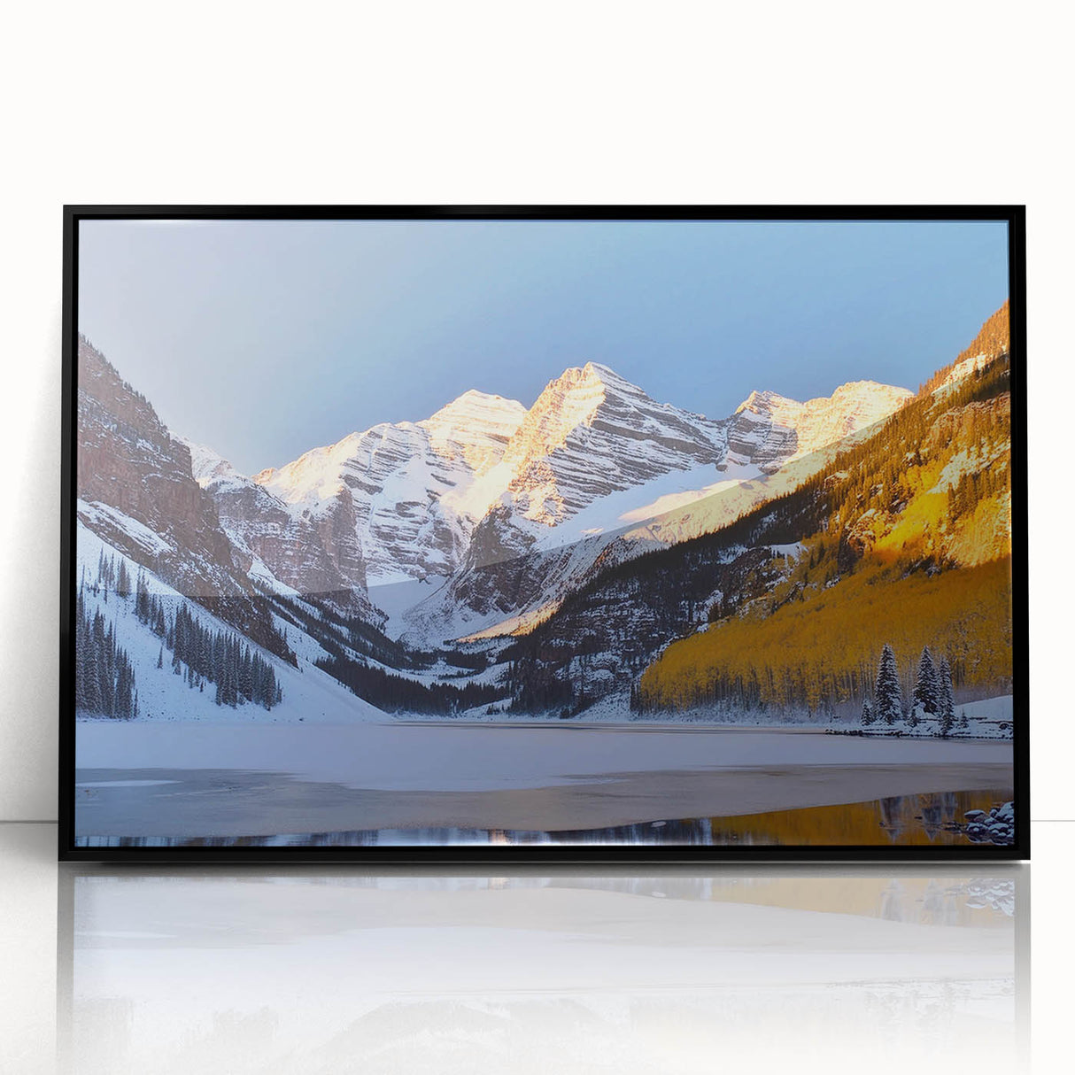 Large abstract wall art of Maroon Bells, Colorado in muted earth tones on a framed acrylic.