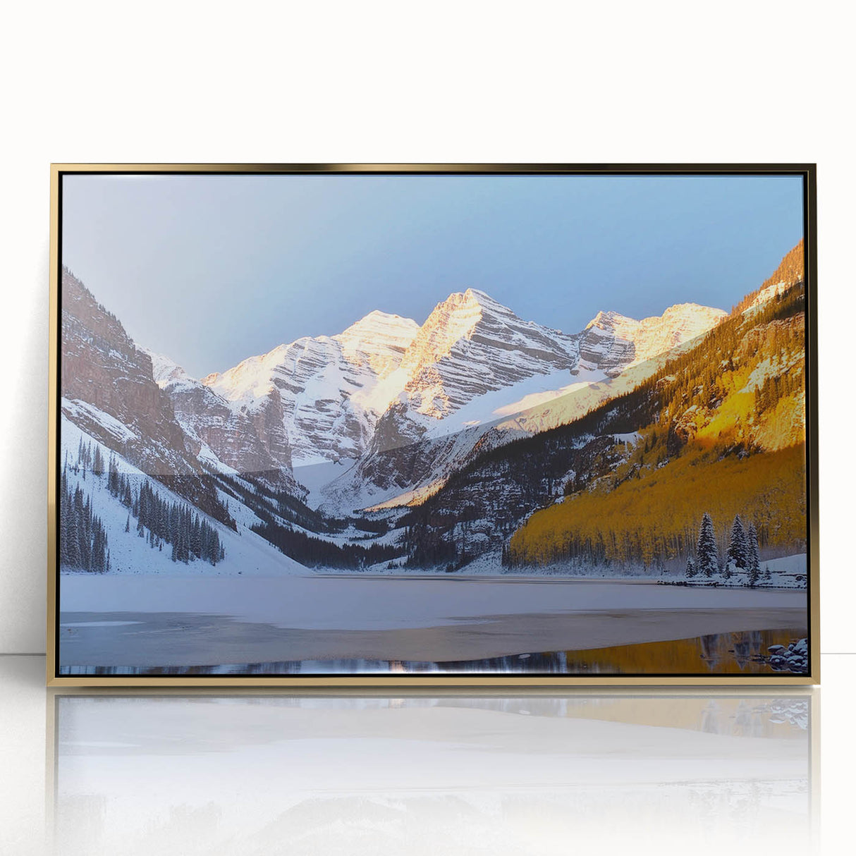 Large art print of Maroon Bells, Colorado in acrylic frame.