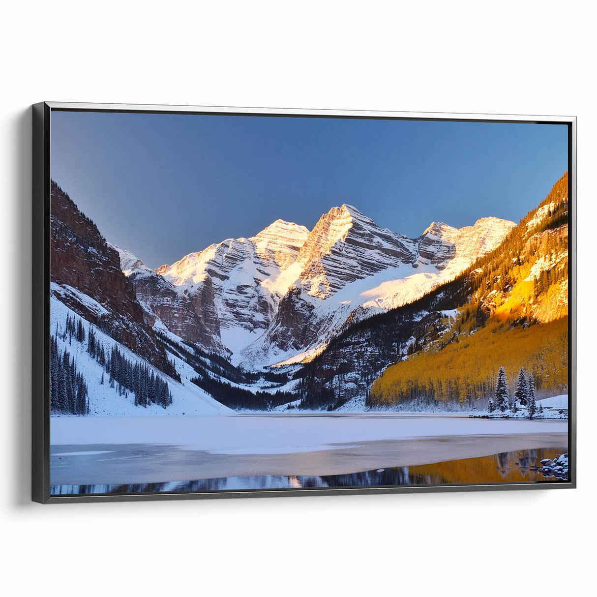 Black and white framed canvas of Maroon Bells, Colorado landscape in vintage poster style, ideal for bedroom wall art.