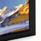 Extra large framed canvas of Maroon Bells, Colorado in vibrant, textured colors, ideal for living room decor.
