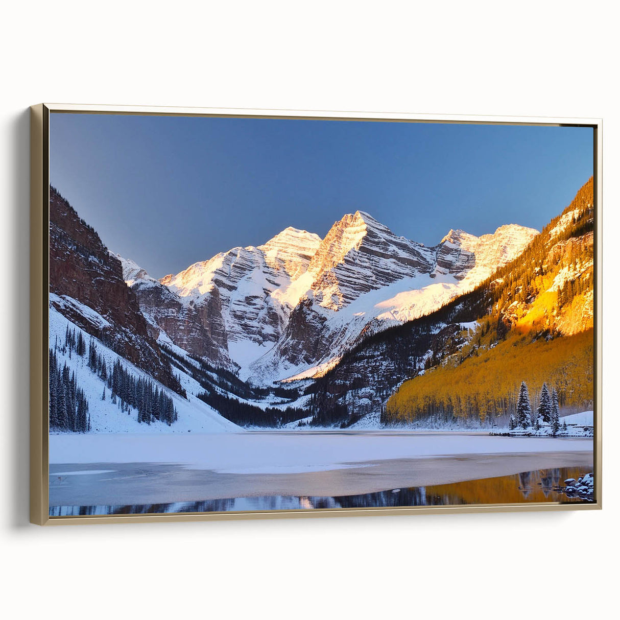 Framed canvas of Maroon Bells, Colorado landscape in autumn hues, ideal for bedroom wall art.