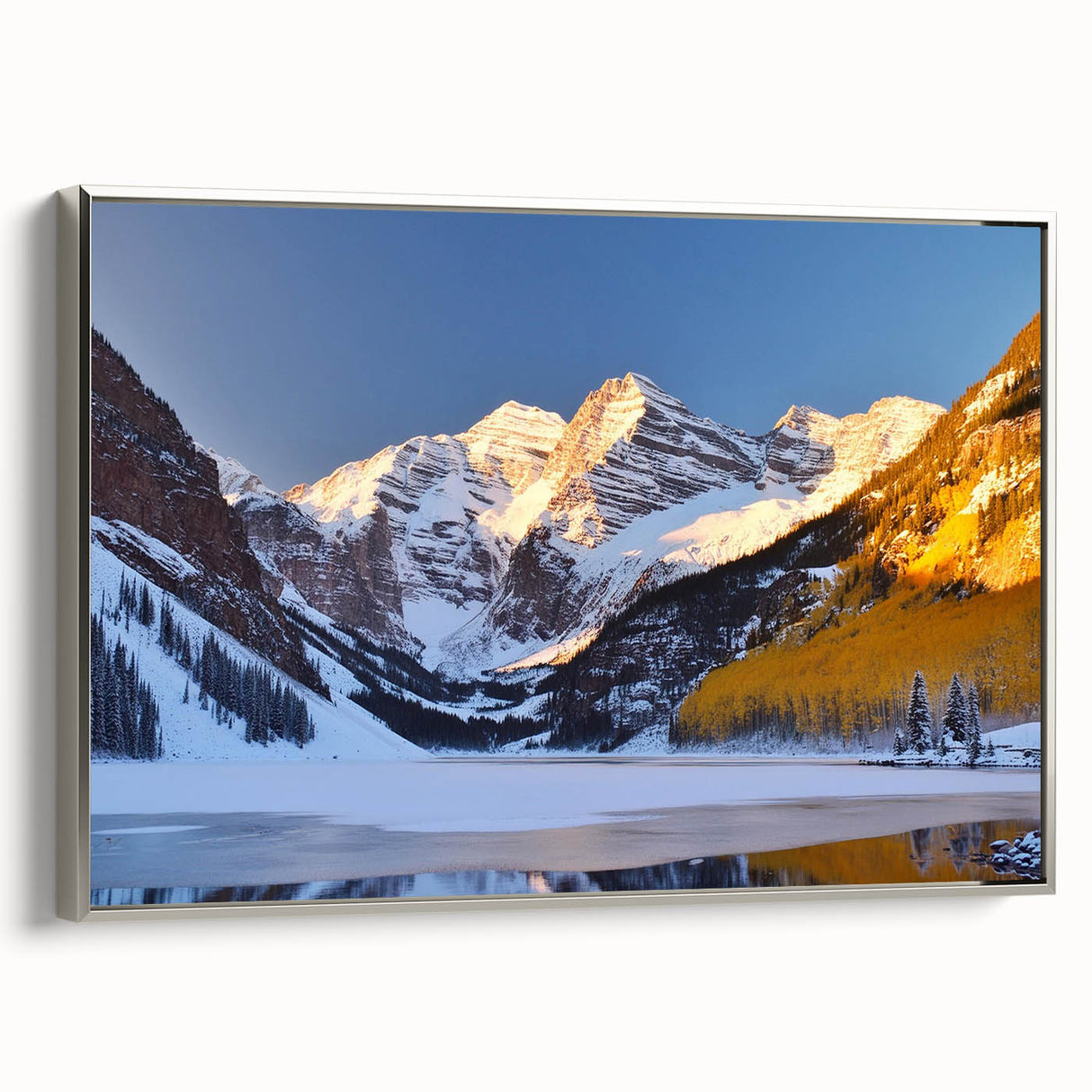 Framed canvas of Maroon Bells, Colorado landscape art painting, featuring vibrant autumn colors, ideal for living room decor.