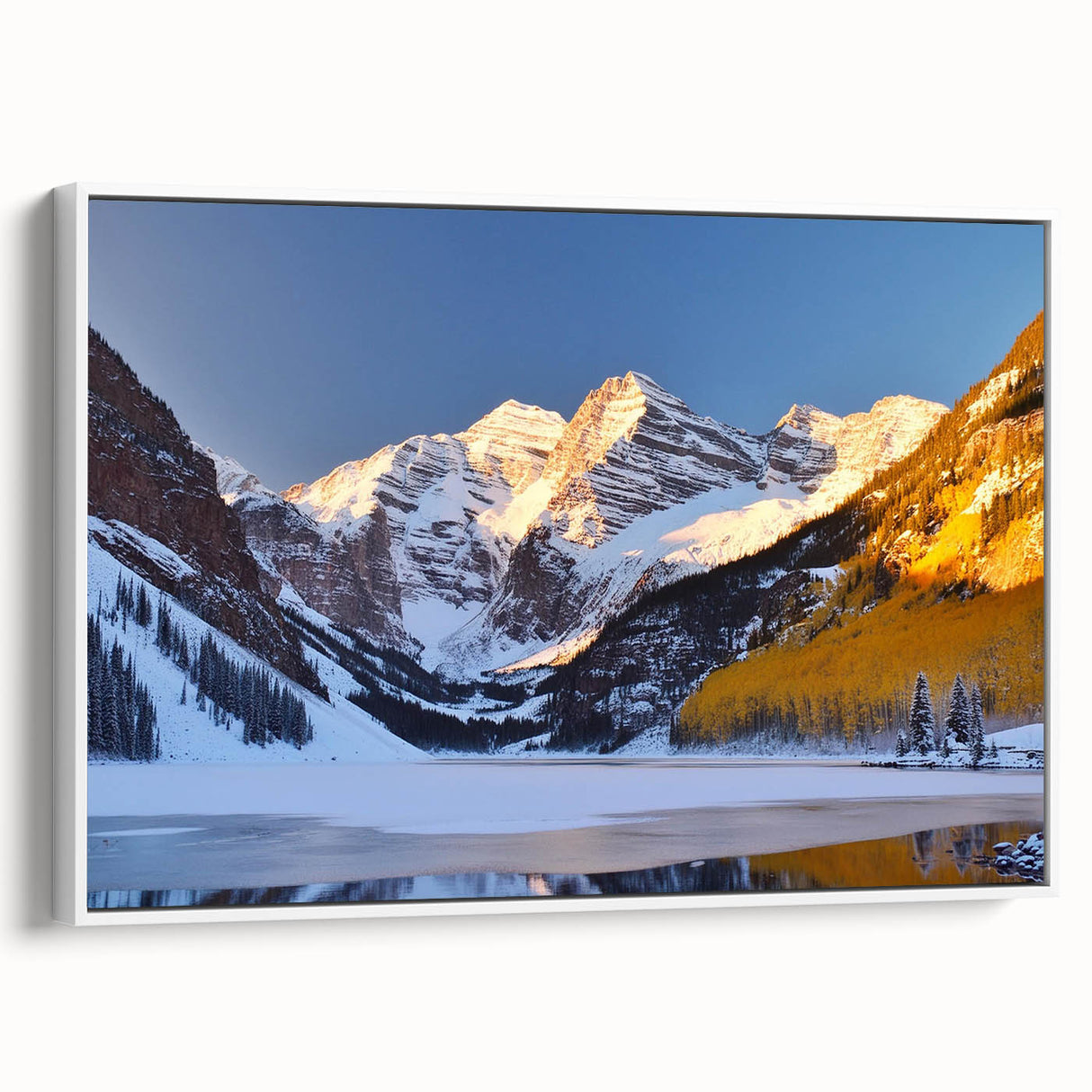 Vintage poster art of Maroon Bells, Colorado, with vibrant colors on a large framed canvas, ideal for living room decor.