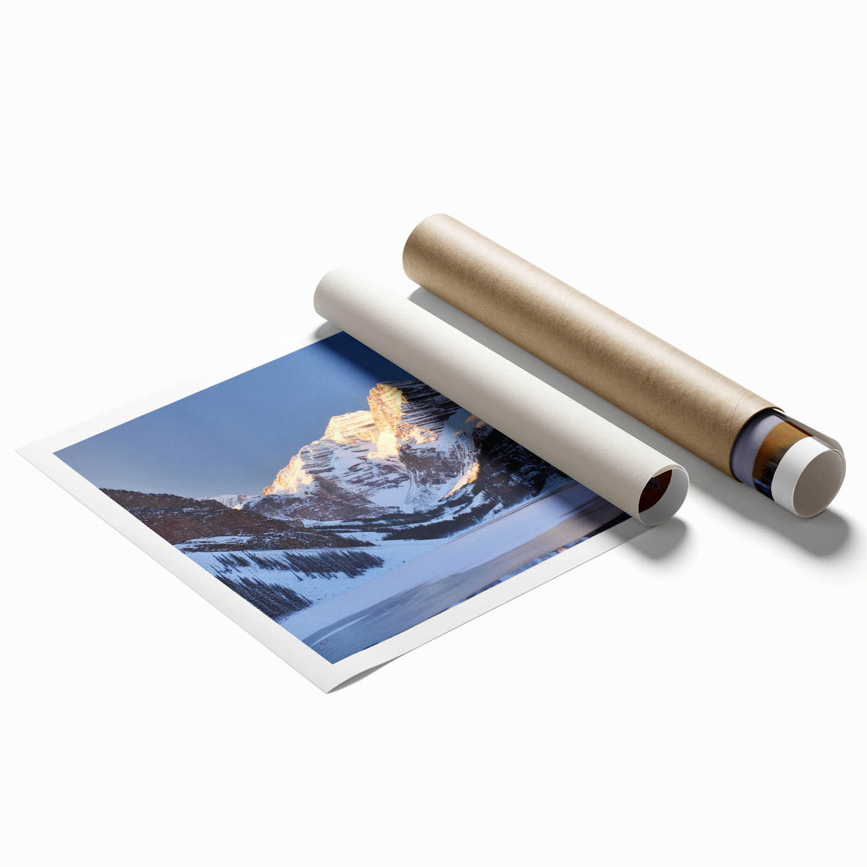 Rolled print of Maroon Bells, Colorado, in muted earth tones, suitable as large living room or bathroom wall art.