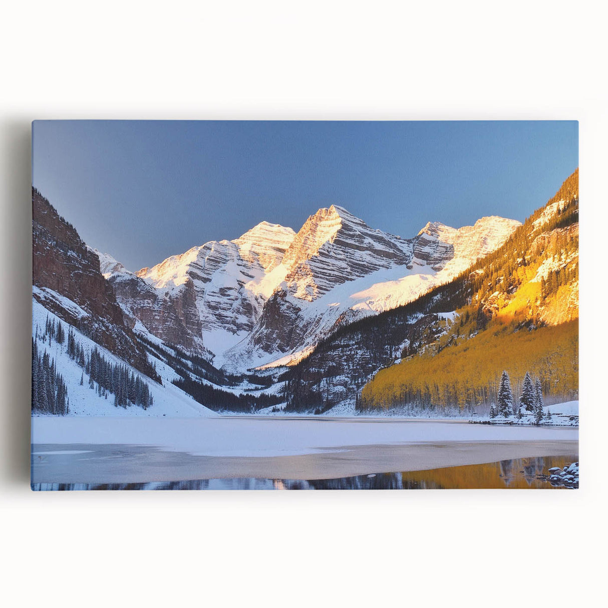 Black and white photograph of Maroon Bells, Colorado on stretched canvas, ideal for kitchen art.