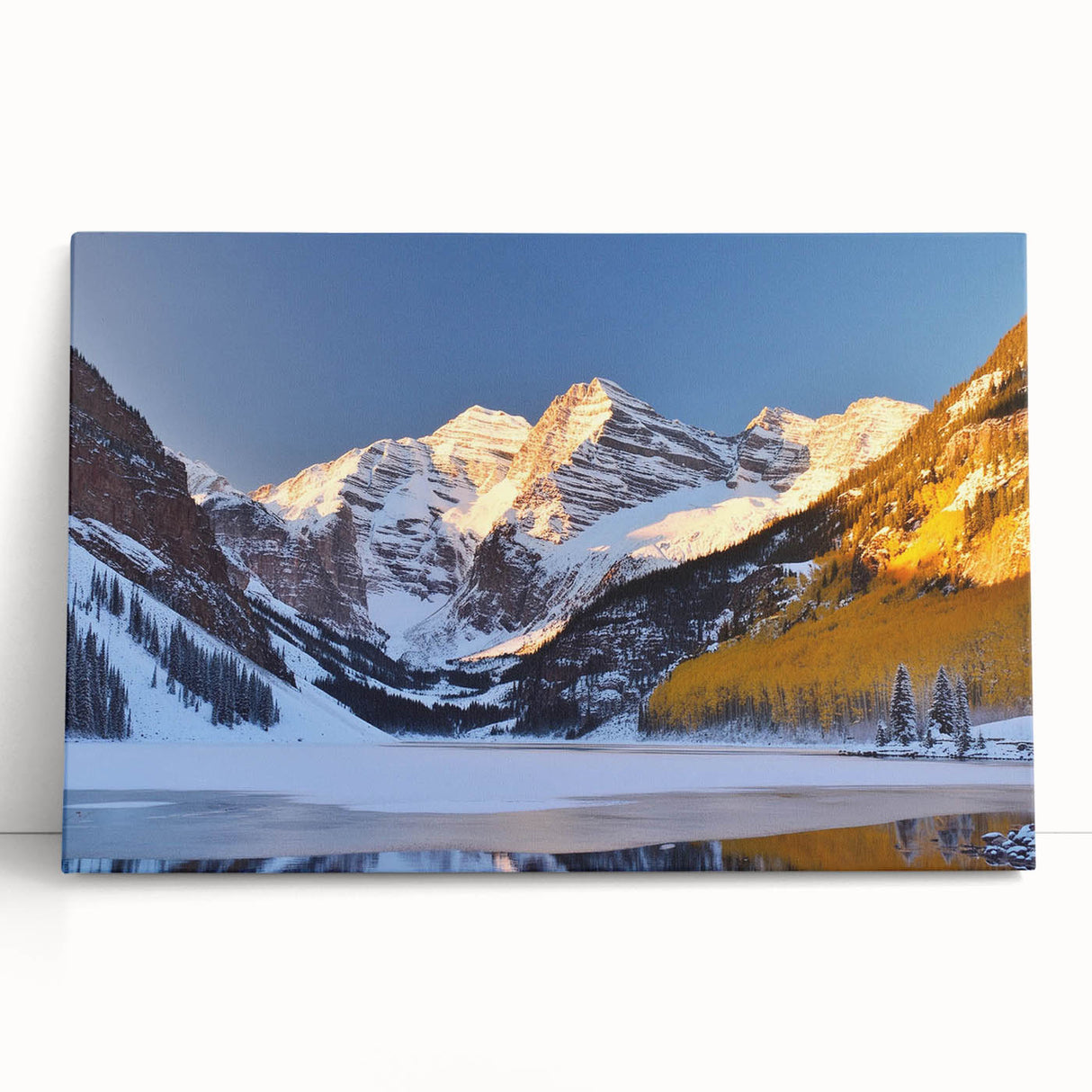 Black and white photograph of Maroon Bells, Colorado on stretched canvas, ideal for kitchen wall art.
