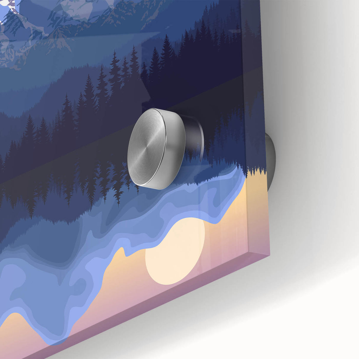 Large abstract depiction of the Rocky Mountains in muted earth tones on acrylic glass, suited for dining room art.