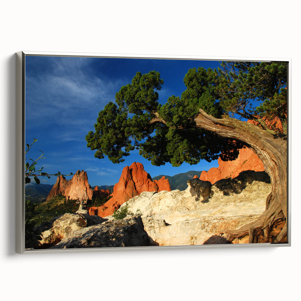 Framed canvas of a vintage-style Colorado Springs landscape, featuring colorful art on a black background.