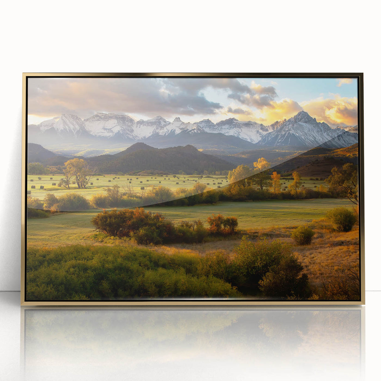 Large art print of Telluride, Colorado scenery in mid-century modernist style, with vibrant autumn colors.