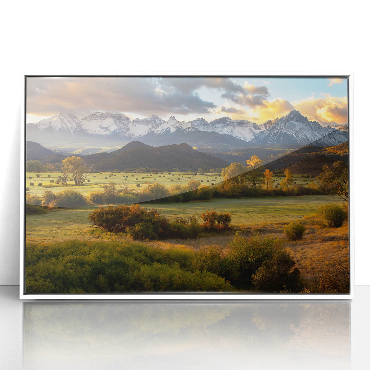 Art deco poster of Telluride, Colorado scenery in acrylic, framed in white, suited for modern nursery decor.