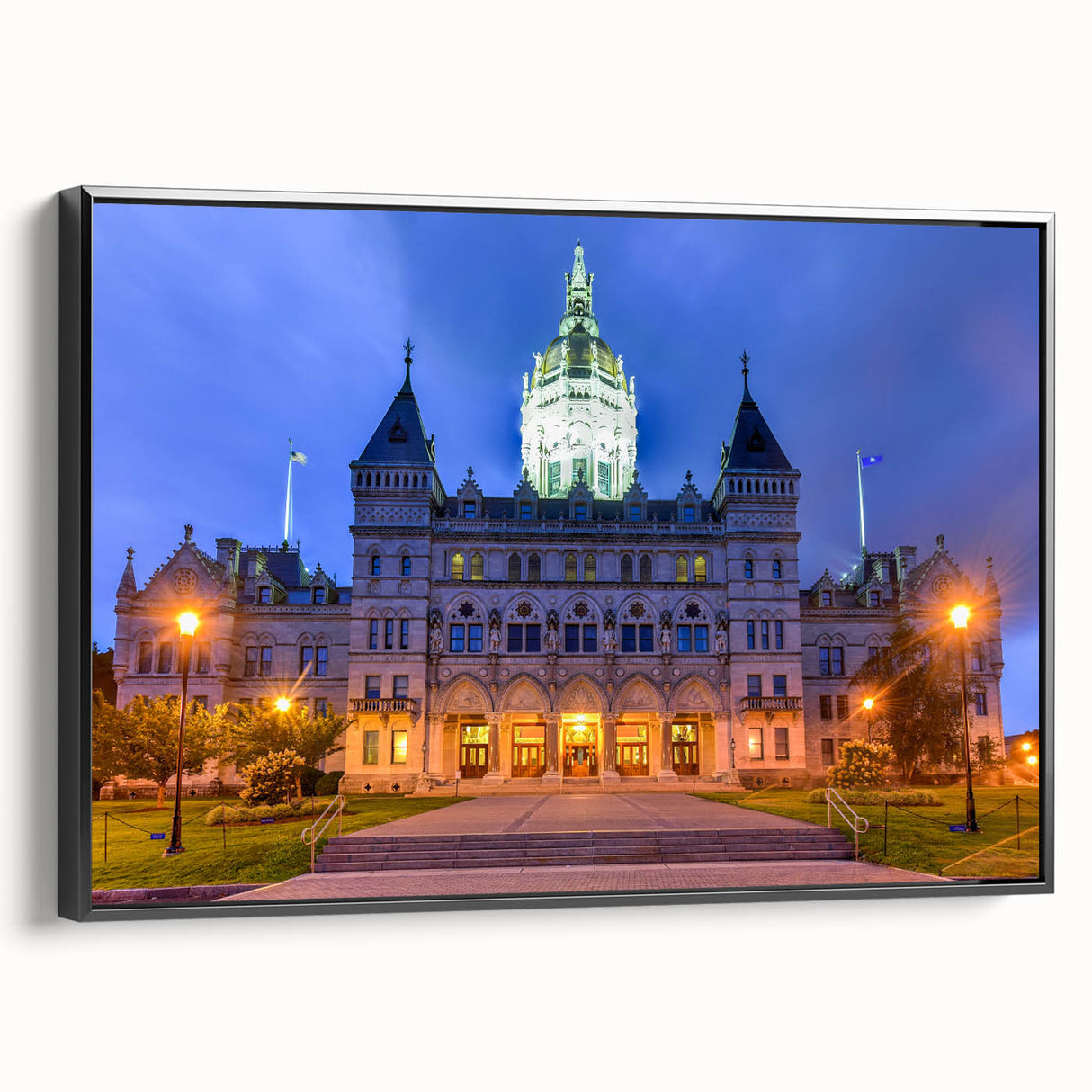Black and white framed canvas of a Connecticut landscape, ideal for bedroom wall decor.