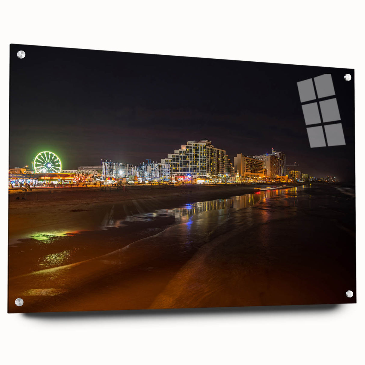 Large abstract wall art on acrylic glass depicting a Daytona scenery in muted blue and beige tones.
