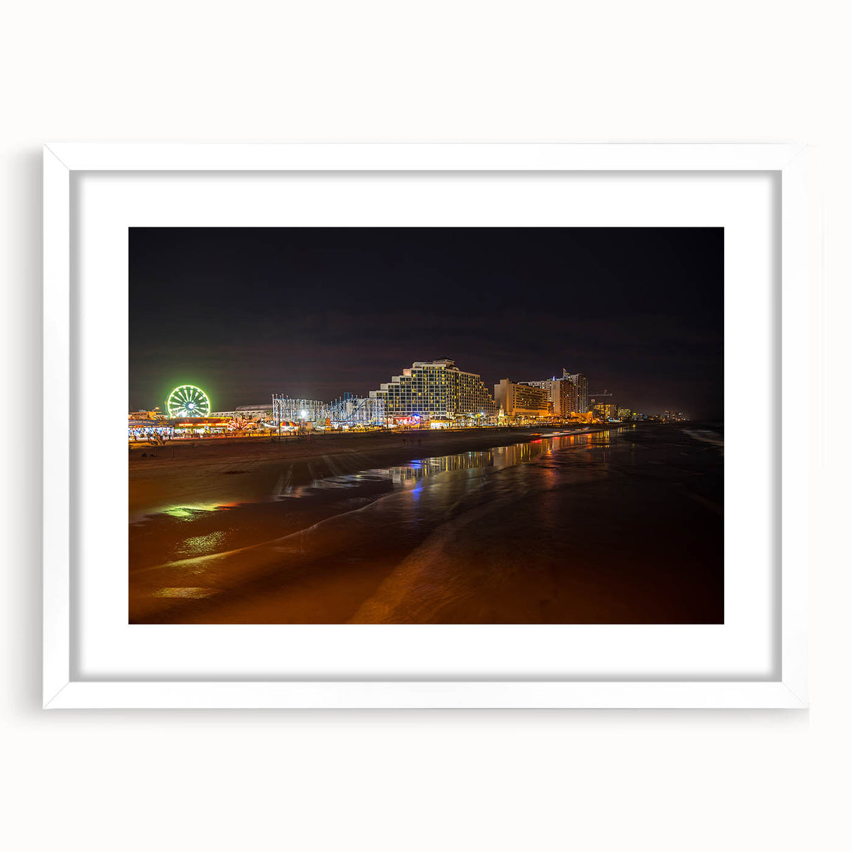 Abstract art print of Daytona scenery in muted blue and green shades on a framed white canvas.