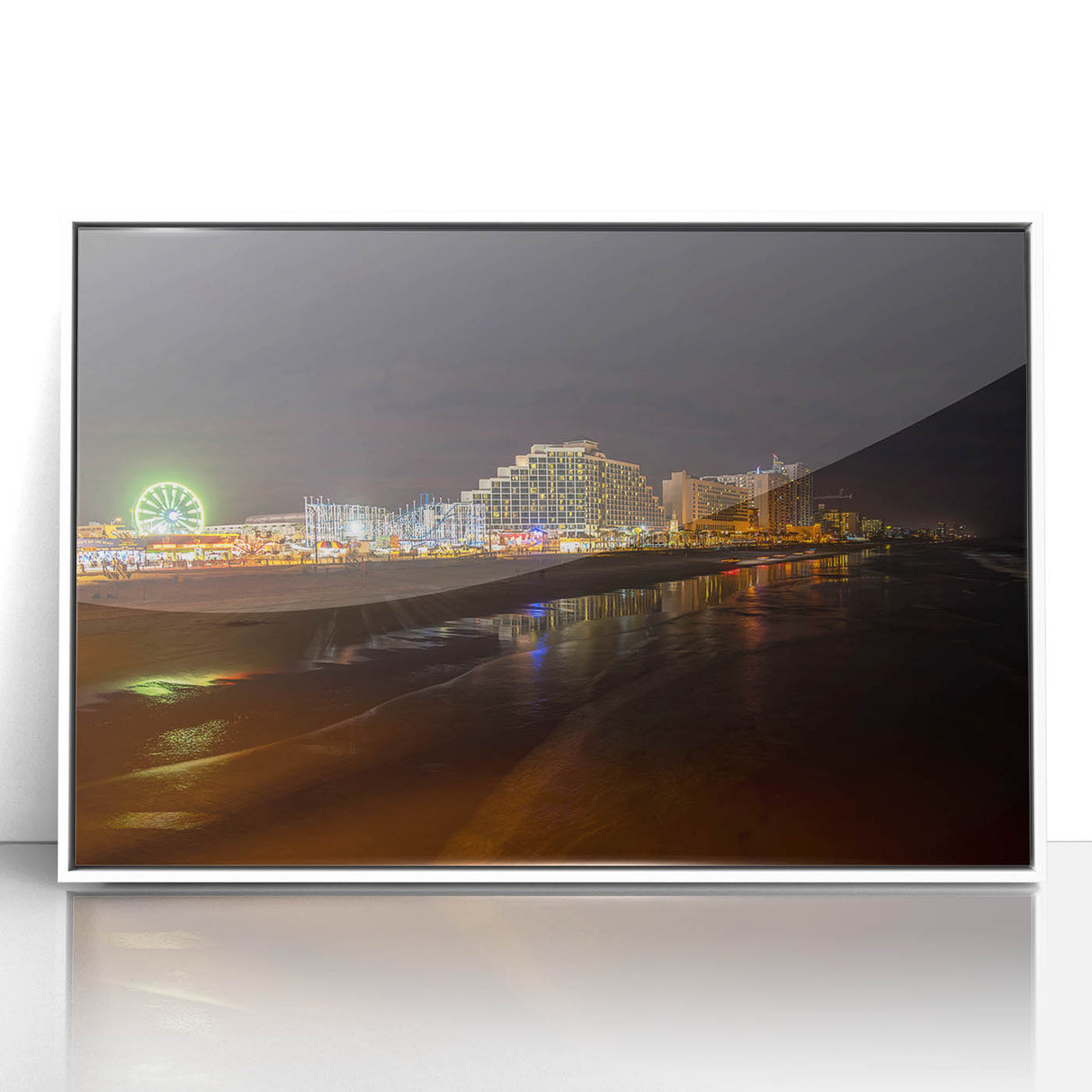Art Deco style poster of Daytona scenery on a white acrylic frame, with pastel shades, suitable as modern nursery wall art.