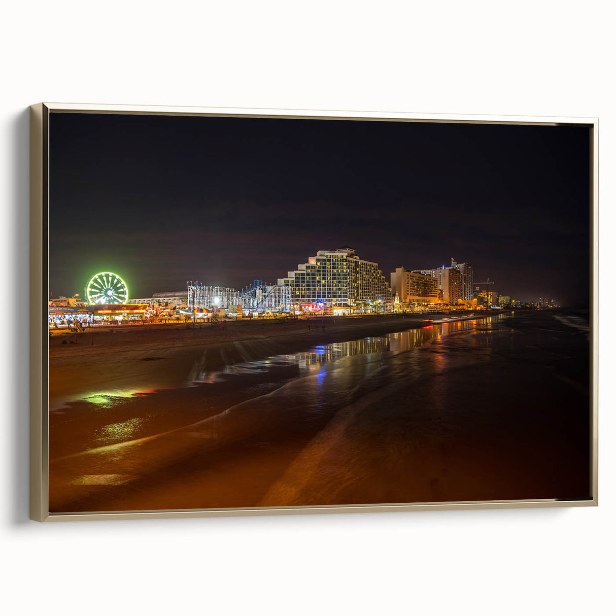 Framed canvas featuring a vintage-style landscape painting of Daytona with black and gold tones, ideal for bedroom decor.