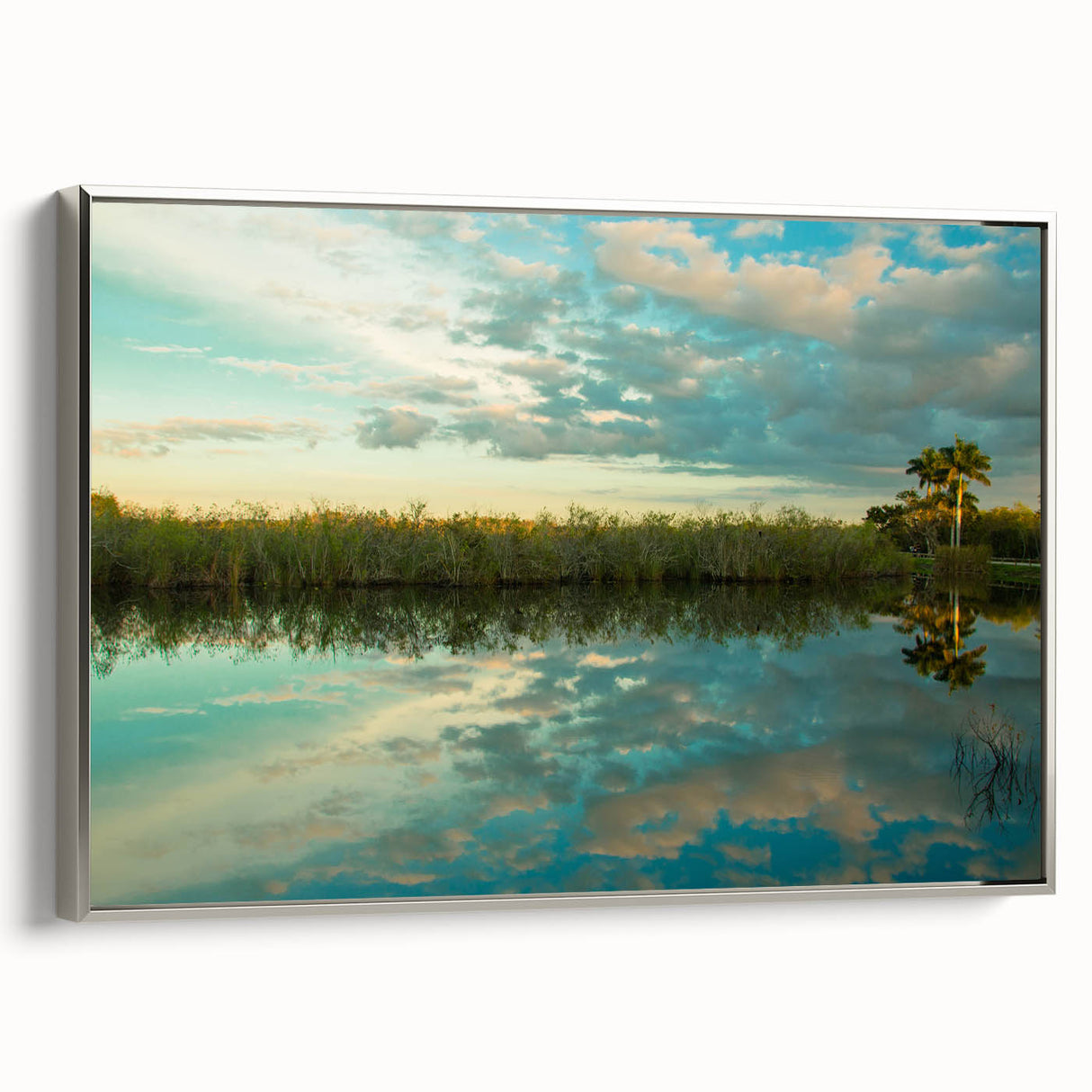 Framed canvas landscape art painting depicting the Everglades in vintage poster style with silver frame.