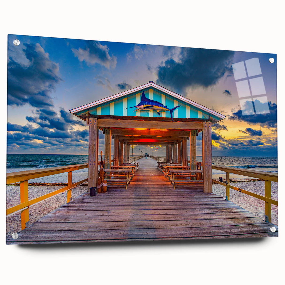 Acrylic print of Fort Lauderdale skyline in muted blue and gray tones, suitable for bedroom or dining room decor.