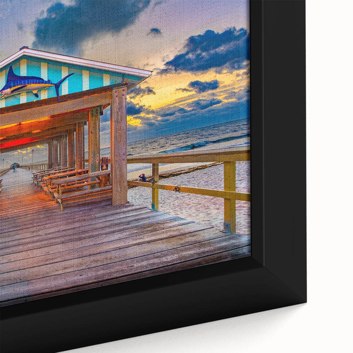 Extra large framed canvas of Fort Lauderdale scenery in black with colorful, textured details, ideal for living room decor.