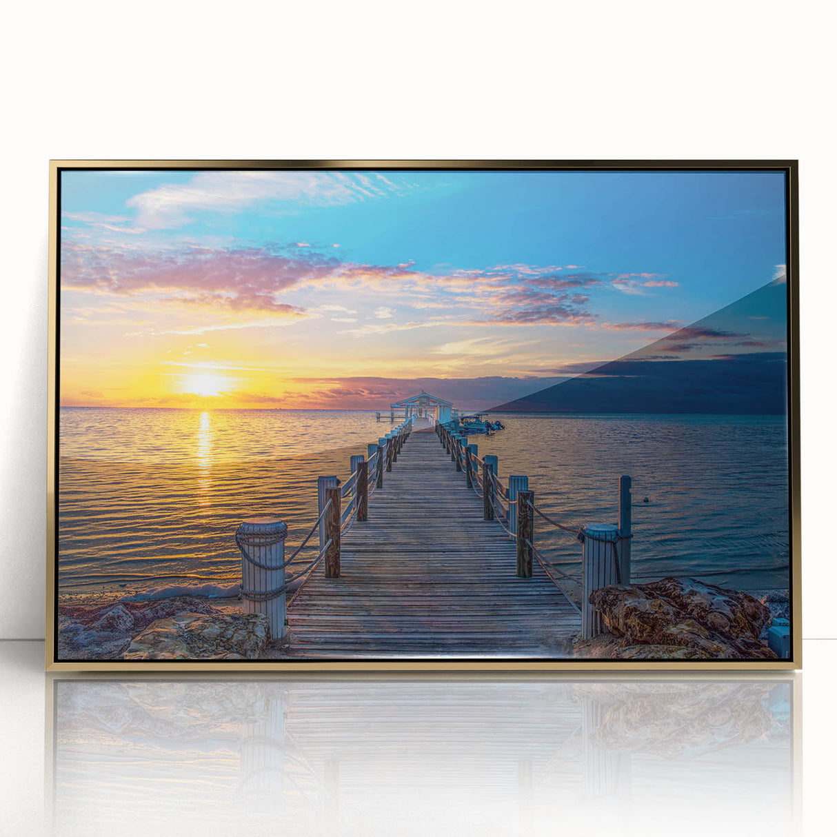 Large art print of the Florida Keys landscape in mid-century modernist style, framed acrylic with gold tones.