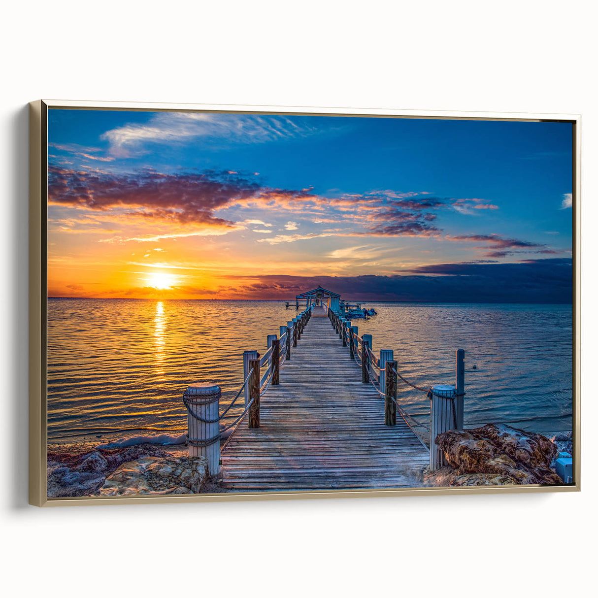Framed canvas depicting a vintage-style Florida Keys landscape in muted gold and black tones, suitable for bedroom decor.
