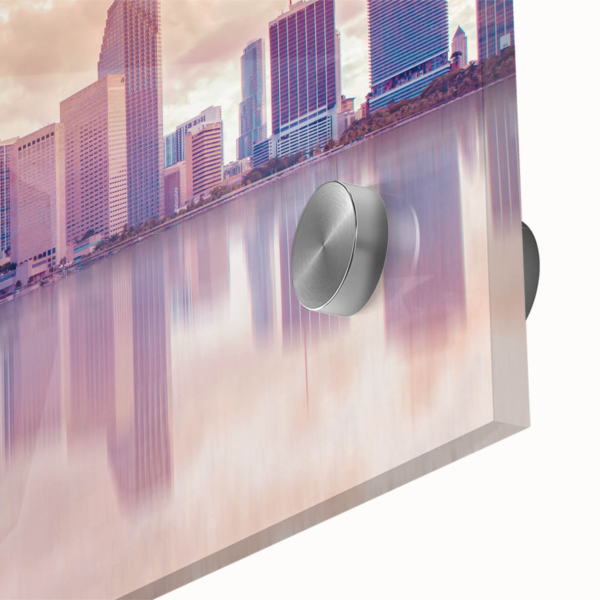 Large abstract wall art depicting the Miami skyline in vibrant sunset hues on acrylic glass, ideal for dining room ambiance.