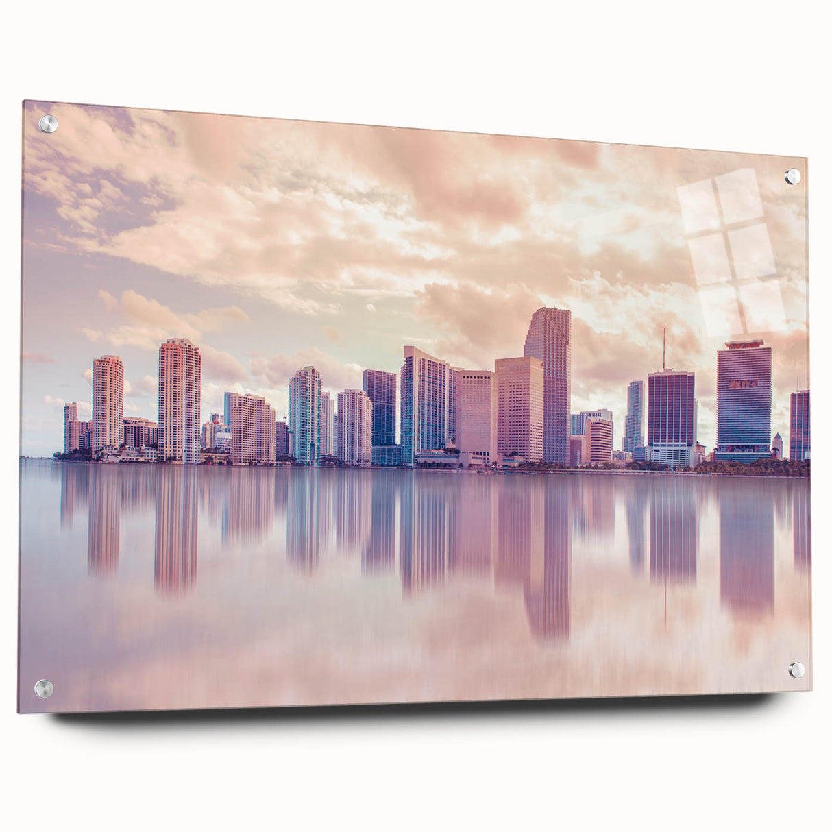 Acrylic print of Miami skyline in vibrant sunset colors, ideal for dining room art.