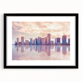 Abstract art print of Miami skyline in vibrant colors on a textured, extra large canvas, ideal for living room decor.
