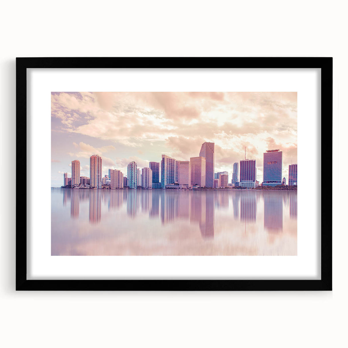 Abstract art print of Miami skyline in vibrant colors on a textured, extra large canvas, ideal for living room decor.