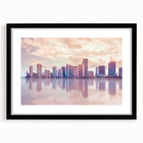 Abstract art print of Miami skyline in vibrant colors on a textured, extra large canvas, ideal for living room decor.