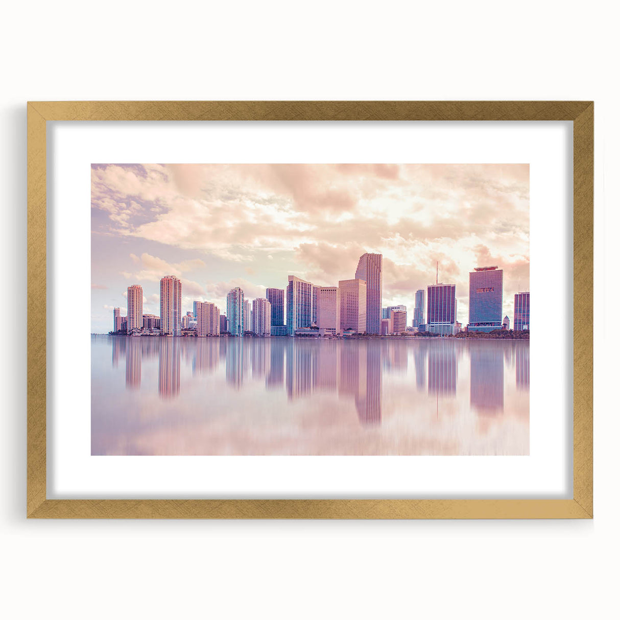 Extra large abstract art print of Miami skyline with textured details, in gold frame, ideal for living room ambiance.
