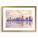 Extra large abstract art print of Miami skyline with textured details, in gold frame, ideal for living room ambiance.