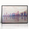 Large abstract wall art of Miami skyline in muted gray and blue tones on framed acrylic.