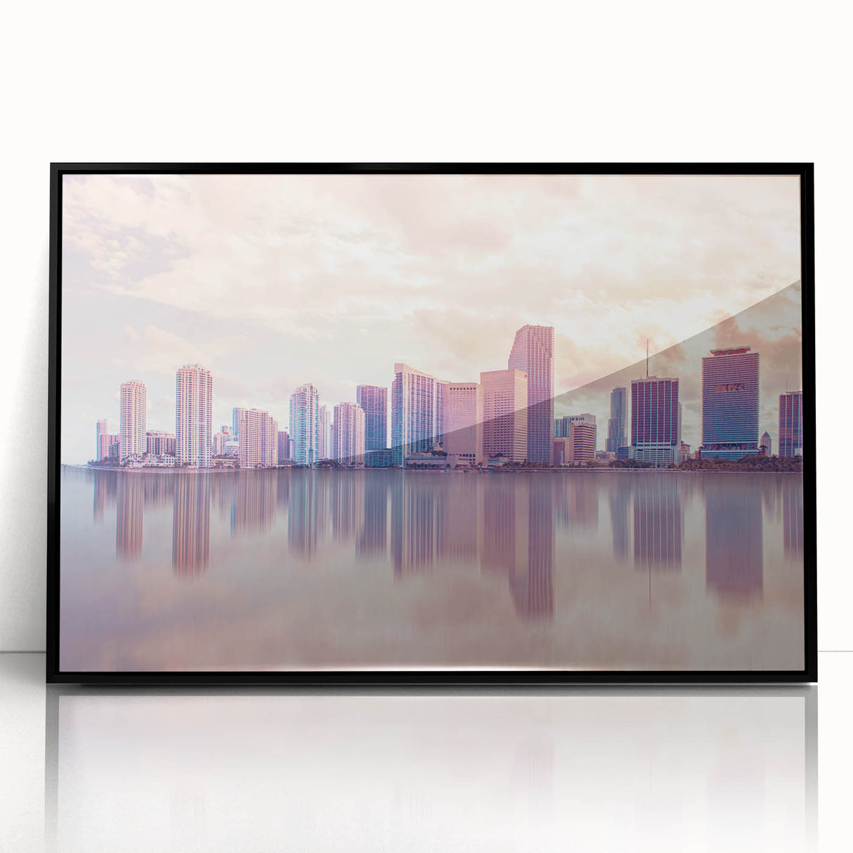 Large abstract wall art of Miami skyline in muted gray and blue tones on framed acrylic.