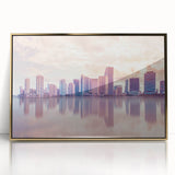 Acrylic print of Miami skyline in gold and blue hues, framed, ideal for modern art wall decor.