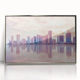 Mid-century modernist art depicting Miami skyline in pastel shades on silver-framed acrylic, ideal for modern art wall decor.