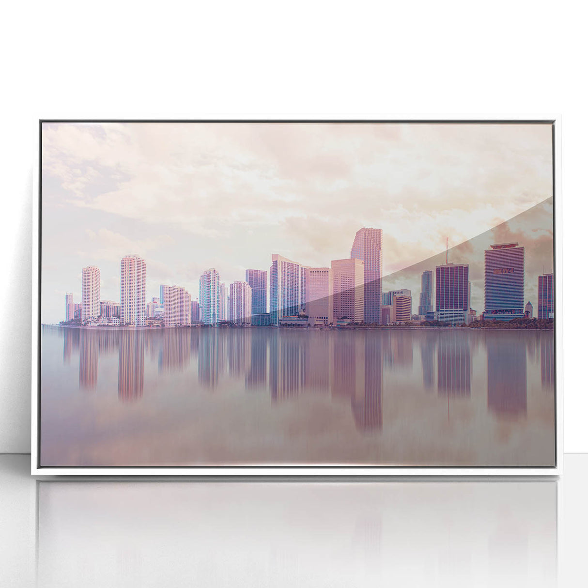Art Deco style poster of Miami skyline in pastel shades on white framed acrylic, suitable for modern nursery decor.
