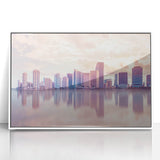 Art Deco style poster of Miami skyline in pastel shades on white framed acrylic, suitable for modern nursery decor.