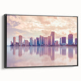 Black and white framed canvas of Miami landscape with vintage poster art style, ideal for bedroom decor.