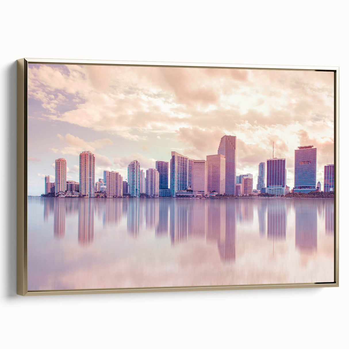 Framed canvas featuring a vintage-style Miami landscape painting in black and gold tones, ideal for bedroom wall art.