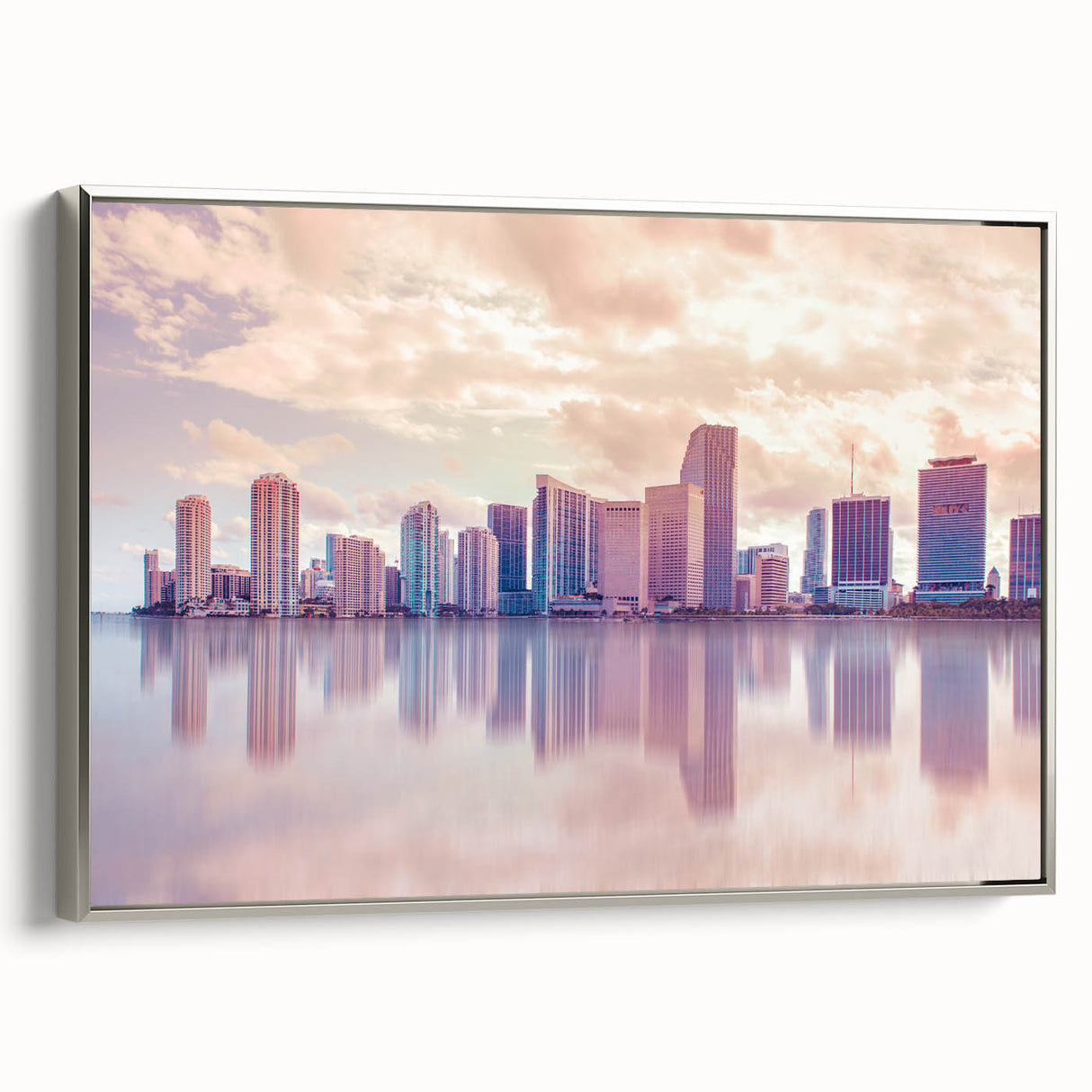Framed canvas landscape art painting featuring a vibrant Miami scenery in vintage poster style, ideal for living room decor.