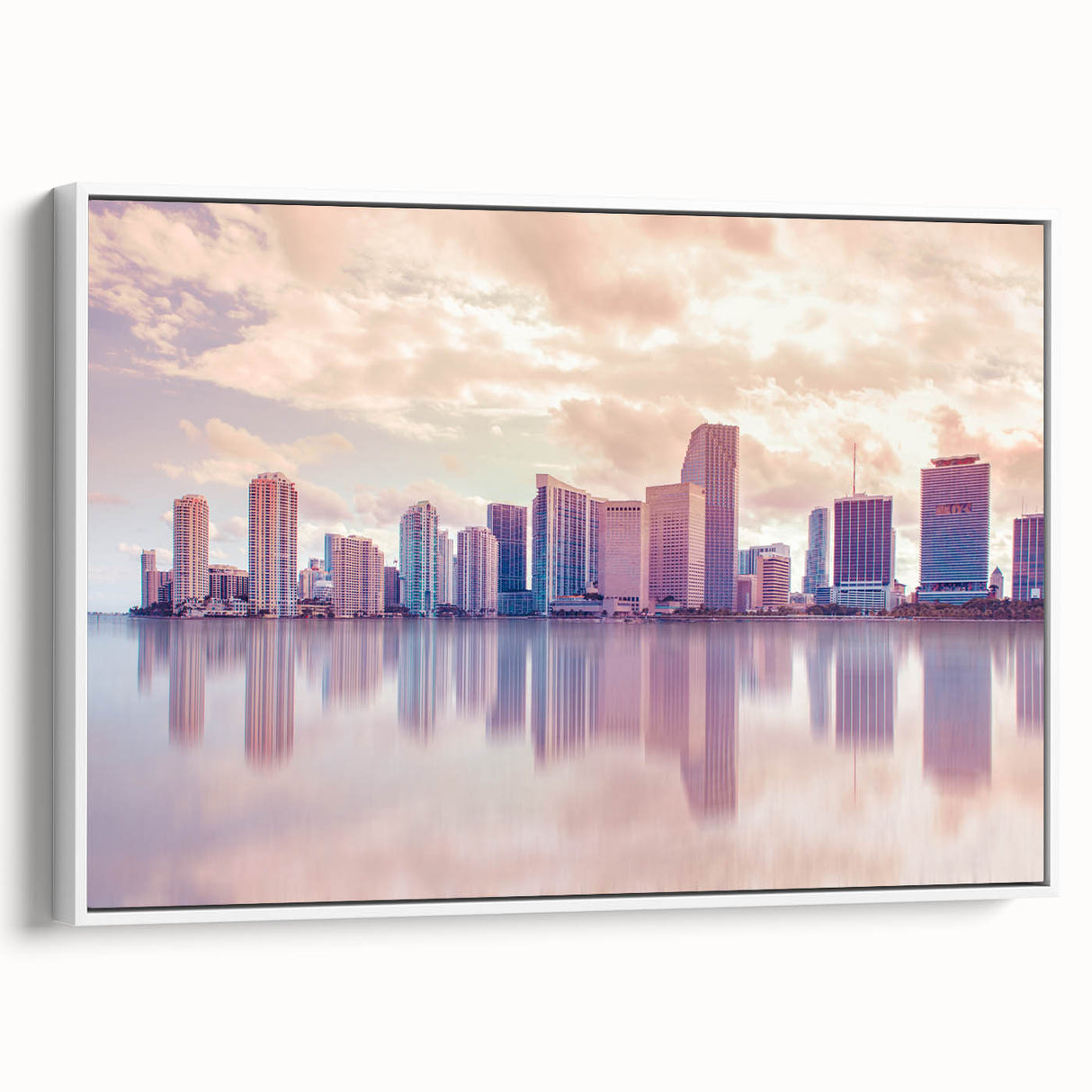 Vintage poster art of Miami scenery in vibrant colors on a large framed canvas, suited for living room decor.