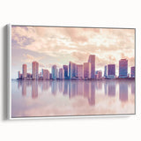 Vintage poster art of Miami scenery in vibrant colors on a large framed canvas, suited for living room decor.