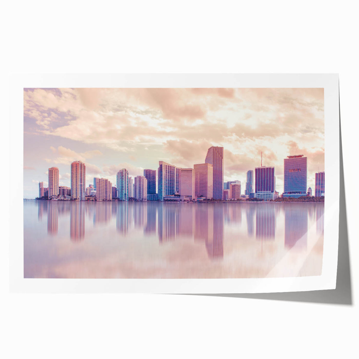 Rolled print of Miami skyline in pastel shades, ideal for art wall dining room placement.