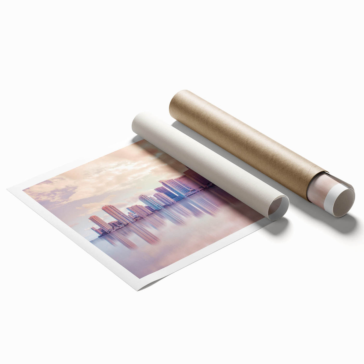 Extra large rolled print depicting a serene Miami scenery with pastel shades, ideal for classy bathroom wall art.