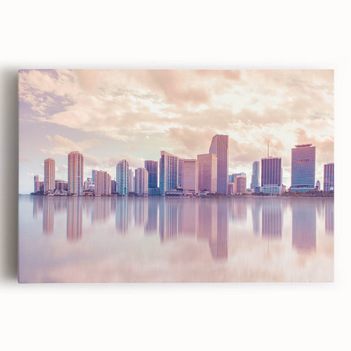 Black and white stretched canvas featuring a panoramic Miami skyline, ideal for kitchen wall art.