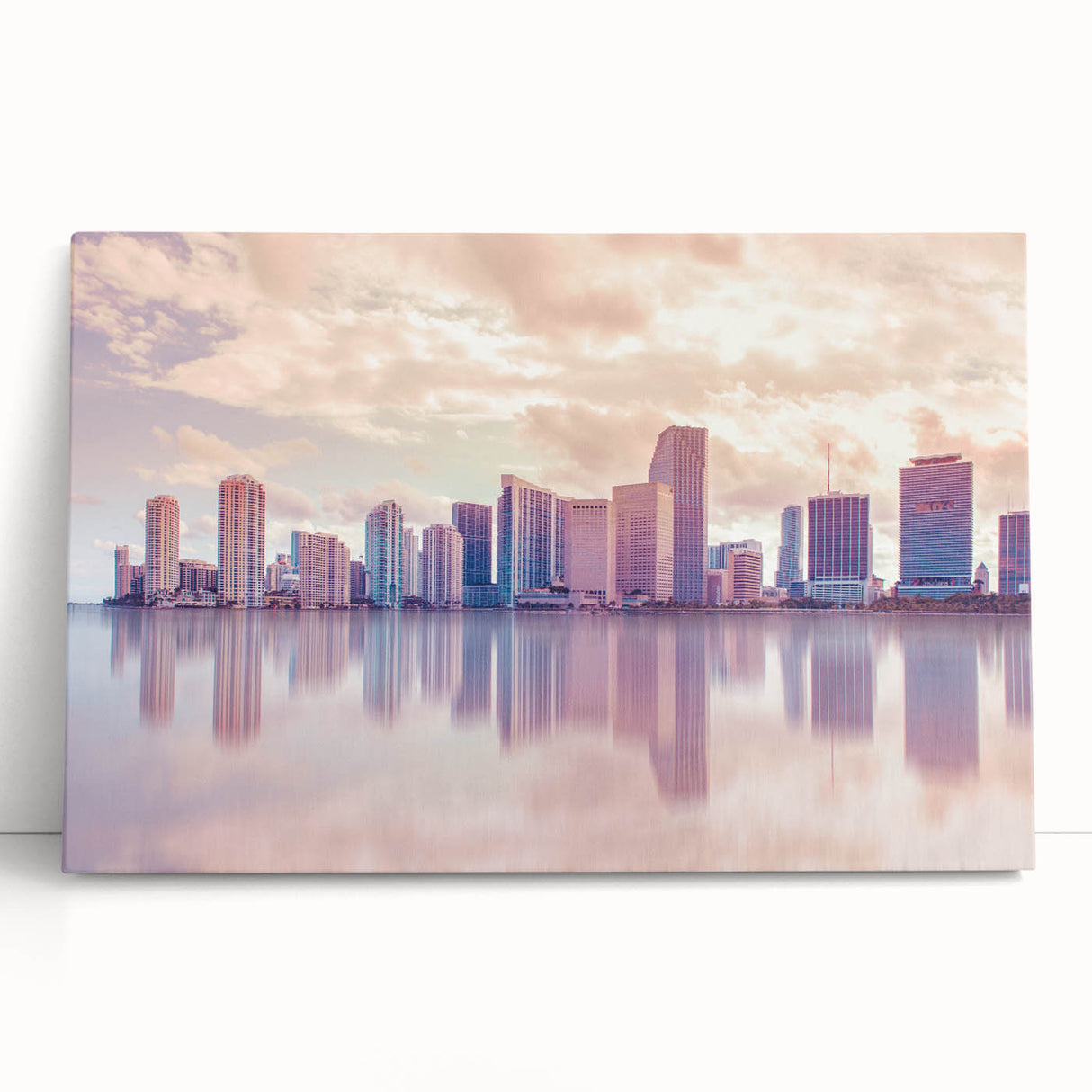 Black and white stretched canvas of Miami skyline, ideal for kitchen wall art or bedroom ambiance.