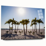 Large abstract wall art of a Florida beach scene in soft blue and pink tones on acrylic glass.