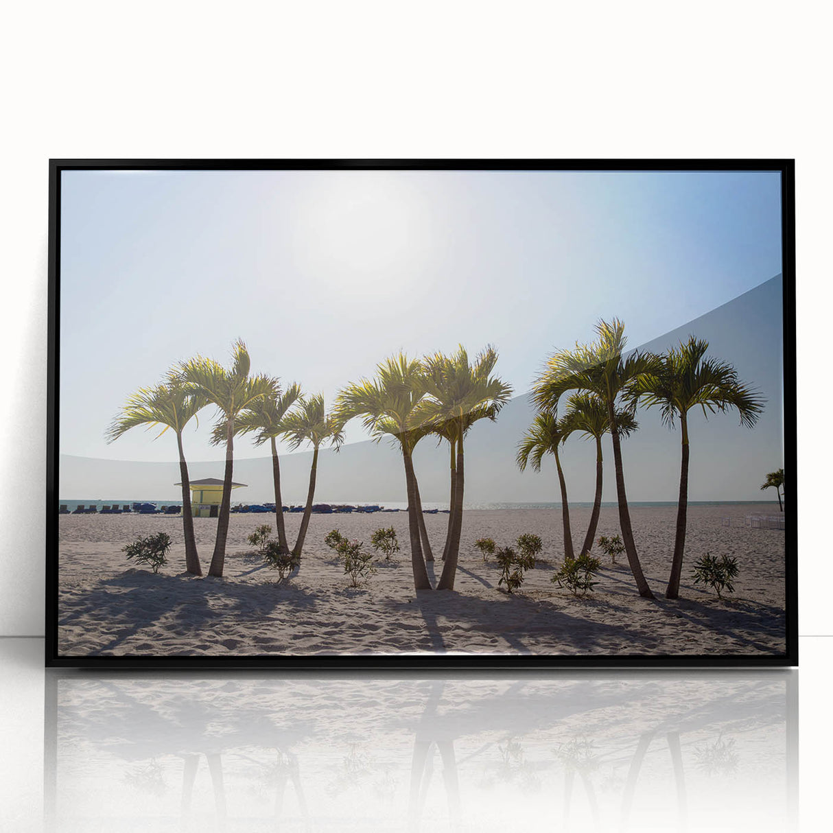 Large abstract wall art depicting Florida's Palm Beach with vibrant ocean blues and greens on a framed acrylic.