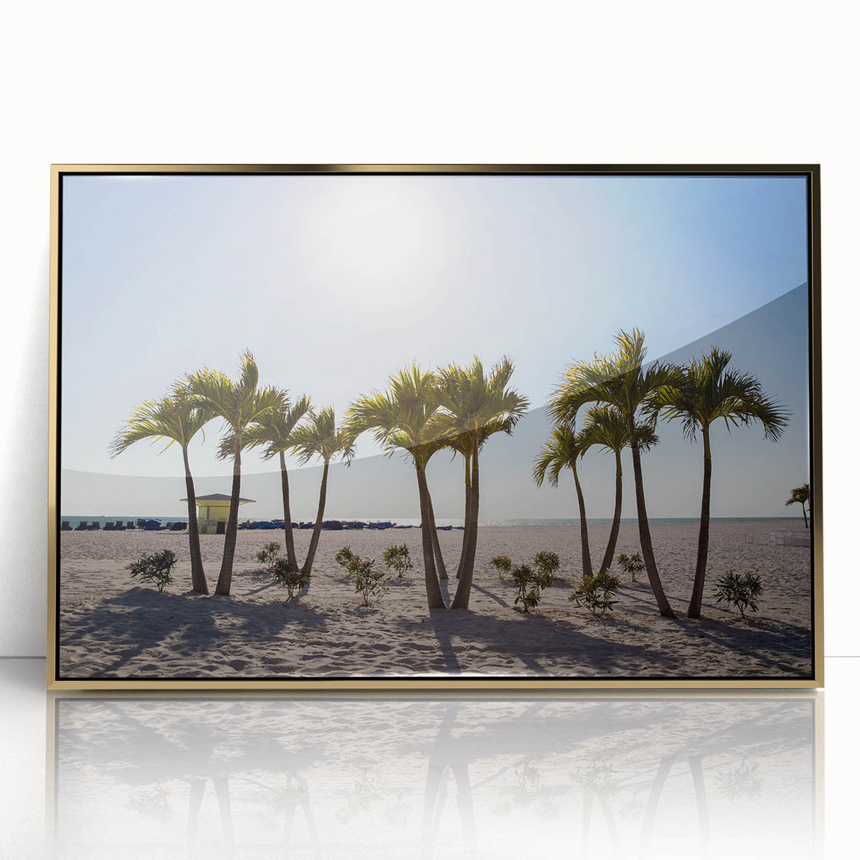 Framed acrylic print of Palm Beach scenery in mid-century modernist style, with pastel shades.