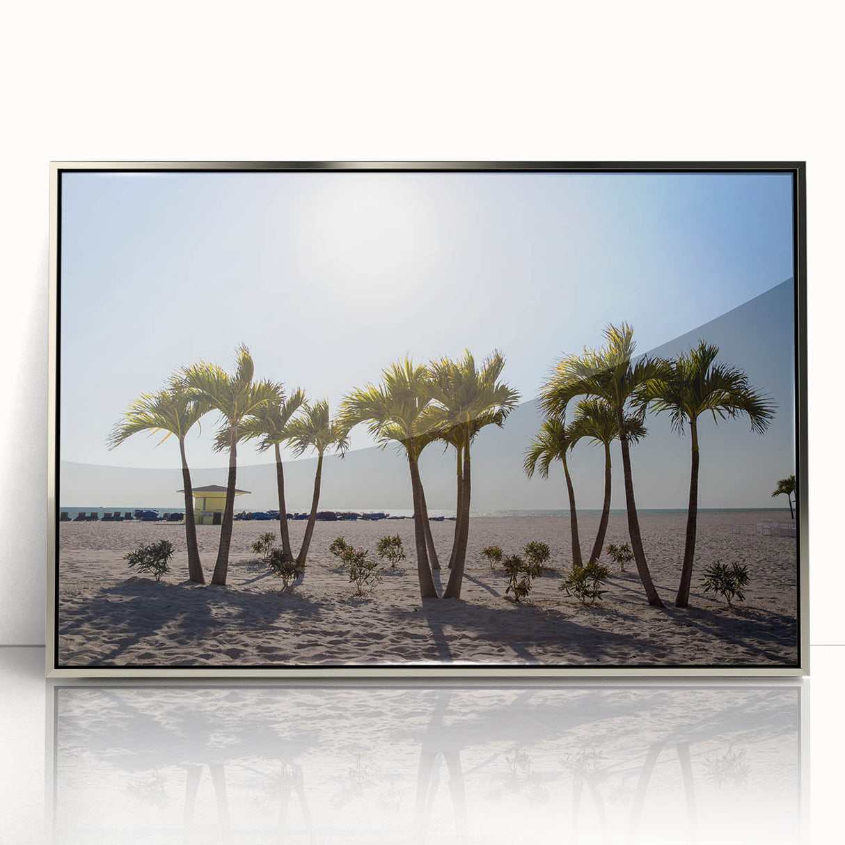 Mid-century modernist art of Palm Beach with pastel hues on a framed acrylic print, suited for nursery wall art.